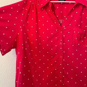 Short Sleeve Hot Pink Button Up Shirt w/ Polka Dots